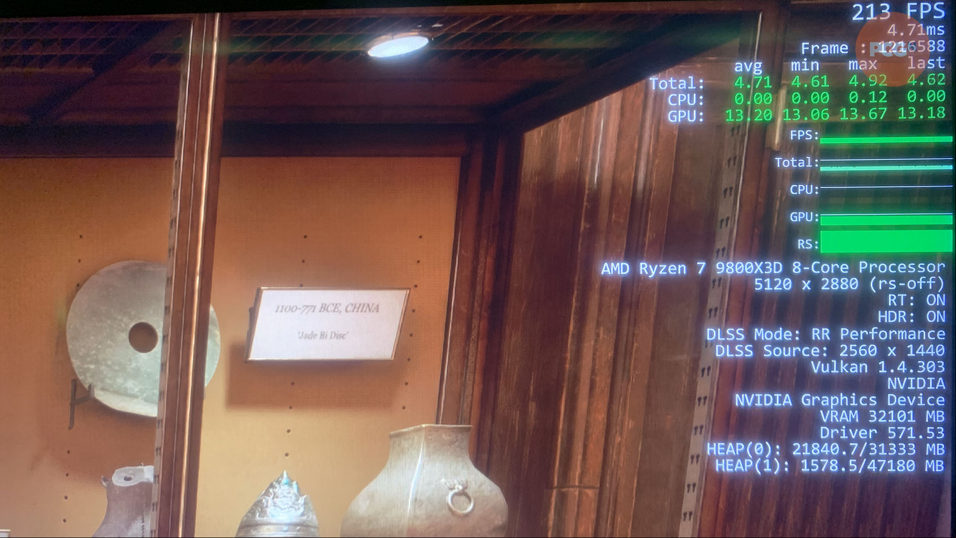 Indiana Jones and the Great Circle running at 5K on an Nvidia GeForce RTX 5090 with DLSS 4 at 213fps, taken from CES.