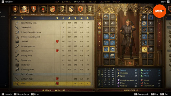 Kingdom Come Deliverance 2 torch: a menu of items contained in a person's inventory. Includes various weapons and a torch.