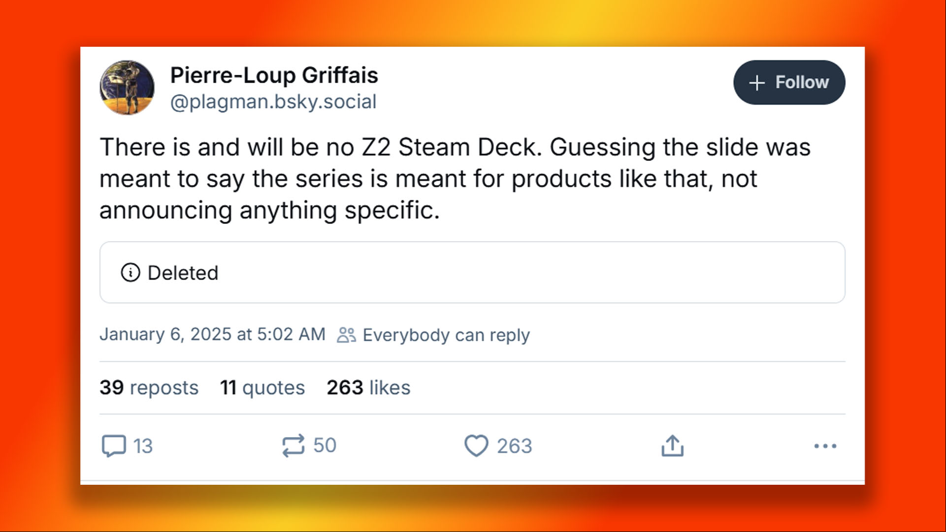 Valve Steam Deck developer Pierre-Loup Griffais says there will not be a Z2 Steam Deck.