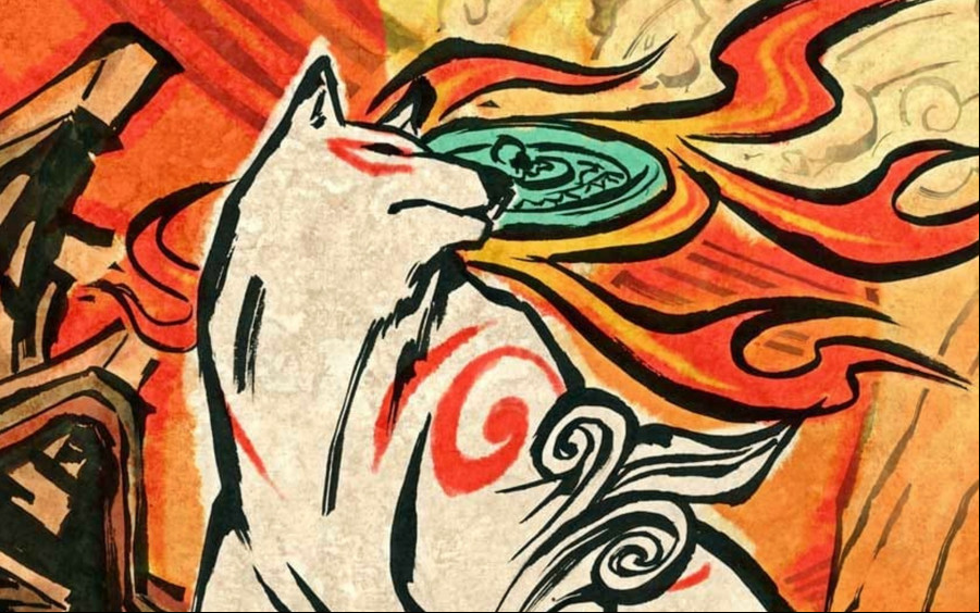 Dog protagonist Amaterasu depicted in the Sumi-e ink art style that Okami is known for.