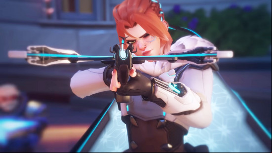 Overwatch 2 characters: the red-haired Freja aiming down the sight of her crossbow