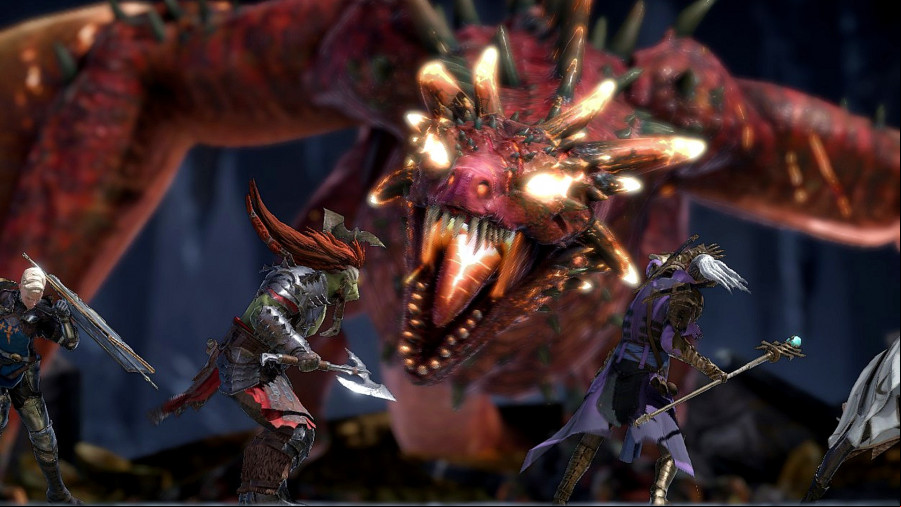 A large red dragon bears its mouth at four Champions in Raid Shadow Legends.