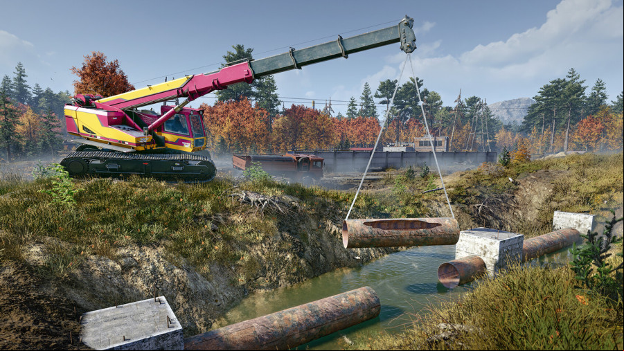 Roadcraft - A crane replaces sections of pipe.