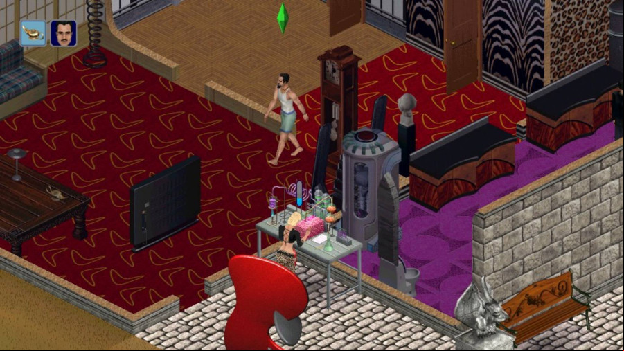 An image of Sims wandering around a house, a woman tinkering with a lab desk