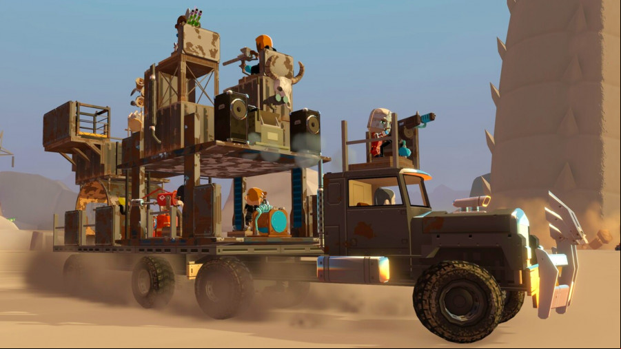 Badlands Crew: A massive truck with machine guns and platforms built on top of it drives through a desert