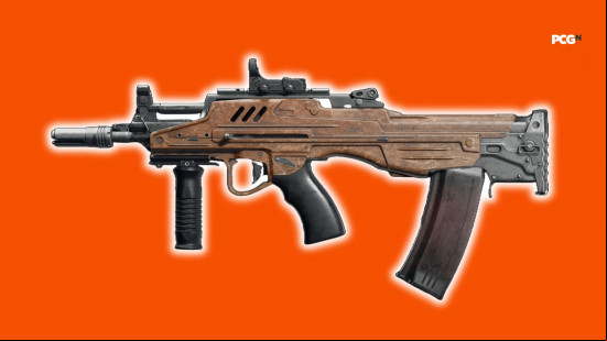 Best BO6 loadouts: a modern looking assault rifle with a long curved magazine located behind the trigger.