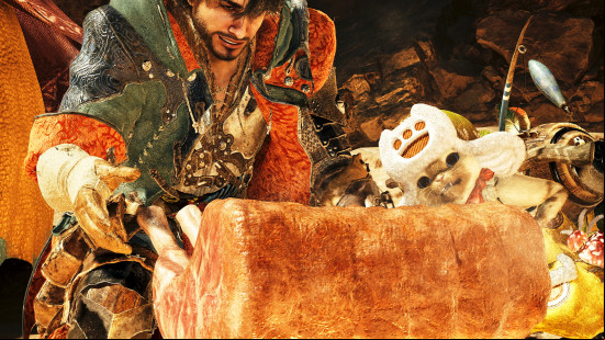 Best co-op games: a hunter and their Calico looking at a juicy piece of meat
