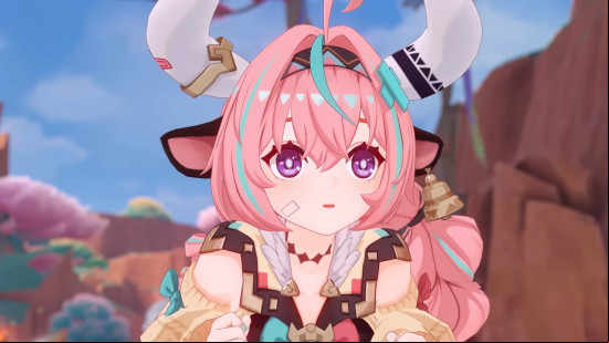 Best free MMO games: Genshin Impact. Image shows a curious looking pink haired anime girl.