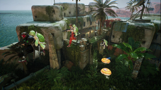 Best multiplayer games: Fragpunk. Image shows a squad of players wearing turtle backpacks and making their way through the jungle.