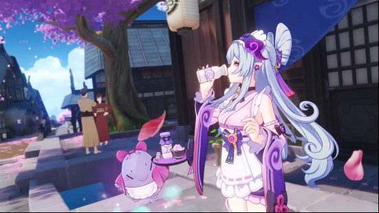 Best RPG games: Genshin Impact. Image shows a character drinking something from a bottle near a weird creature.