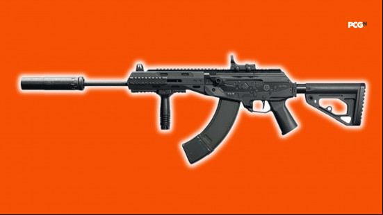Best Black Ops 6 loadouts: a long, thin assault rifle with a curve magazine on an orange background.