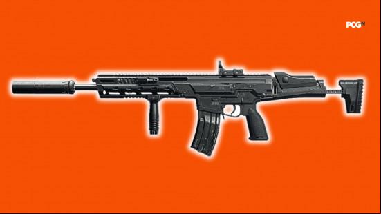 Best Black Ops 6 loadouts: a black fully automatic assault rifle on an orange background.