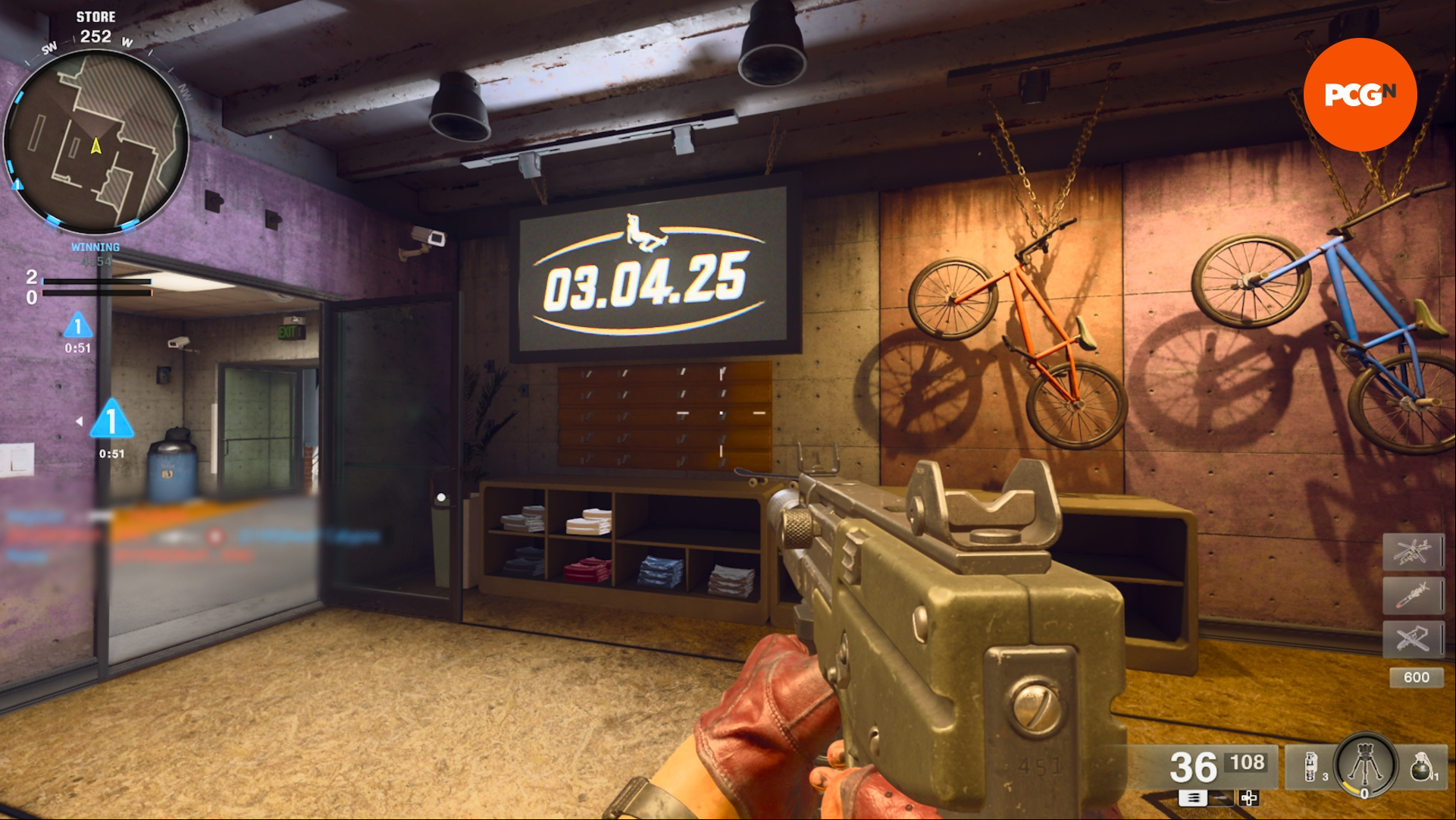 Black Ops 6 Tony Hawk: A first-person screenshot of someone holding a gun in a bike and skateboard shop looking at a sign with a date on it