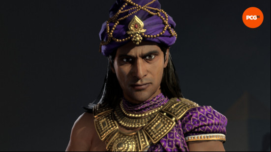 Asoka, World Conqueror, one of the best Civ 7 leaders, wears beautiful purple and gold clothing.