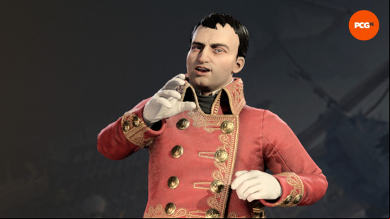 Napoleon Revolutionary, one of the Civ 7 Leaders, wears a red and gold jacket.