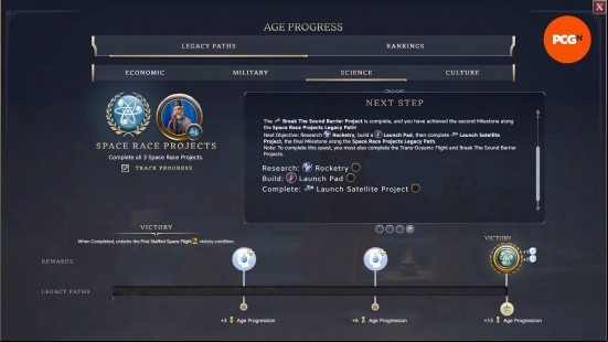 Civ 7 Victories: The in-game instructions for the final step of the Science Legacy Path, leading to a Science Victory.