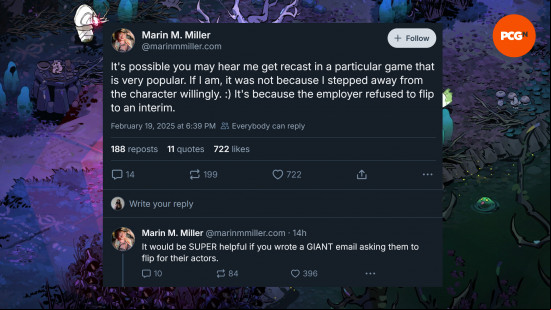 Two BlueSky posts from @marinmmiller.com that reads "It's possible you may hear me get recast in a particular game that is very popular. If I am, it was not because I stepped away from the character willingly. :) It's because the employer refused to flip to an interim." "It would be SUPER helpful if you wrote a GIANT email asking them to flip for their actors." A screenshot from Hades 2 can be seen in the background, the logo for PCGamesN can be seen in the top right.