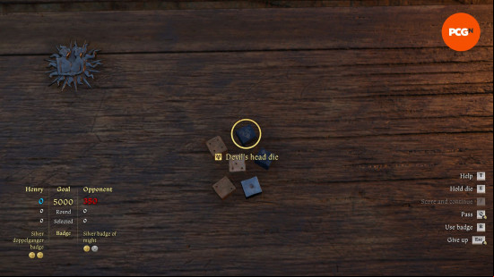kcd2-dice-devils-head All KCD2 dice: a close up on a wooden board, there are six dice in view.