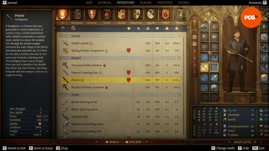 Kingdom Come Deliverance 2 gun: an image of a person's inventory, with a redimentary firearm the highlight.