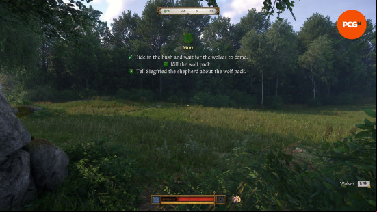 Kingdom Come Deliverance 2 Mutt: a green field of grass surrounded by leafy trees.