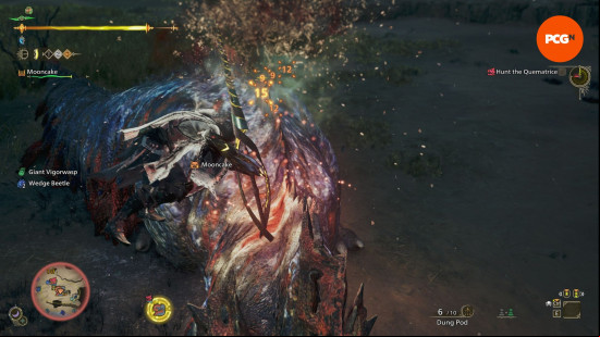Monster Hunter Wilds mounting: a man with a giant spear attacks a monster while riding on its back.