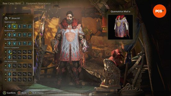 Monster Hunter Wilds transmog: a man wearing a large fur-lined coat, he has a beard and a long tied-back hair.