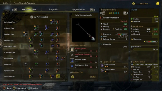 Monster Hunter Wilds Insect Glaive: a menu showing a strange looking glaive weapon and a host of other options.