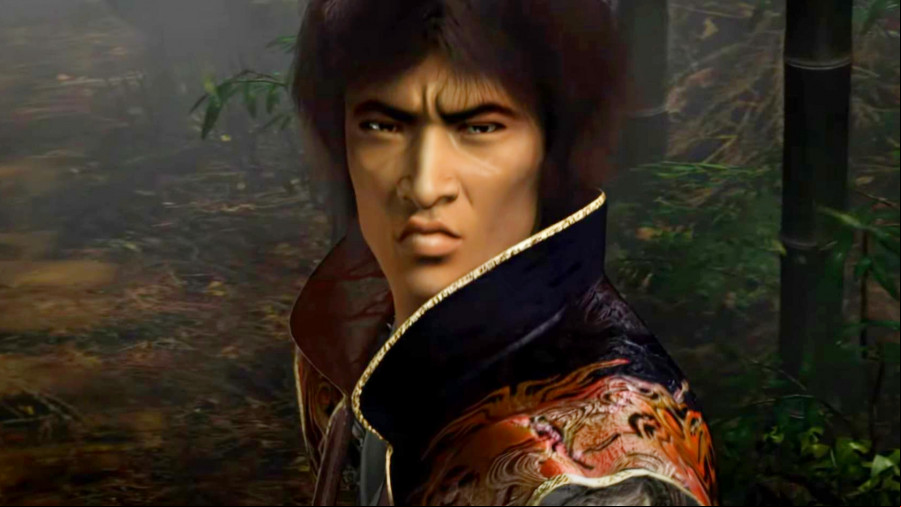 Onimusha 2: A screenshot of a samurai in a high collared outfit