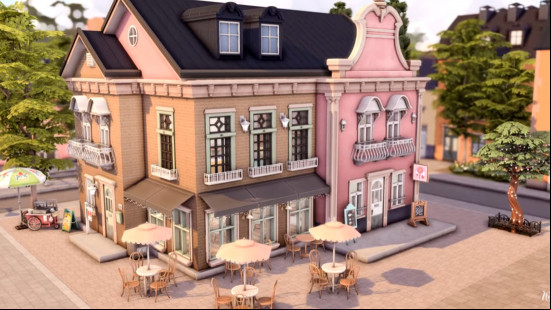 The sims 4 houses: A pastel colored building in The Sims 4 featuring a candy shop, a cafe, and an apartment above.