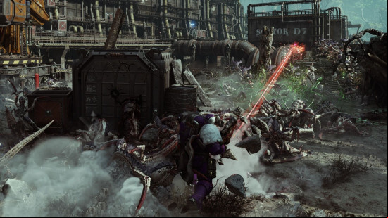 Space Marine 2 mods: a heavily armored marine fights off hundreds of aggressive insect type creatures.