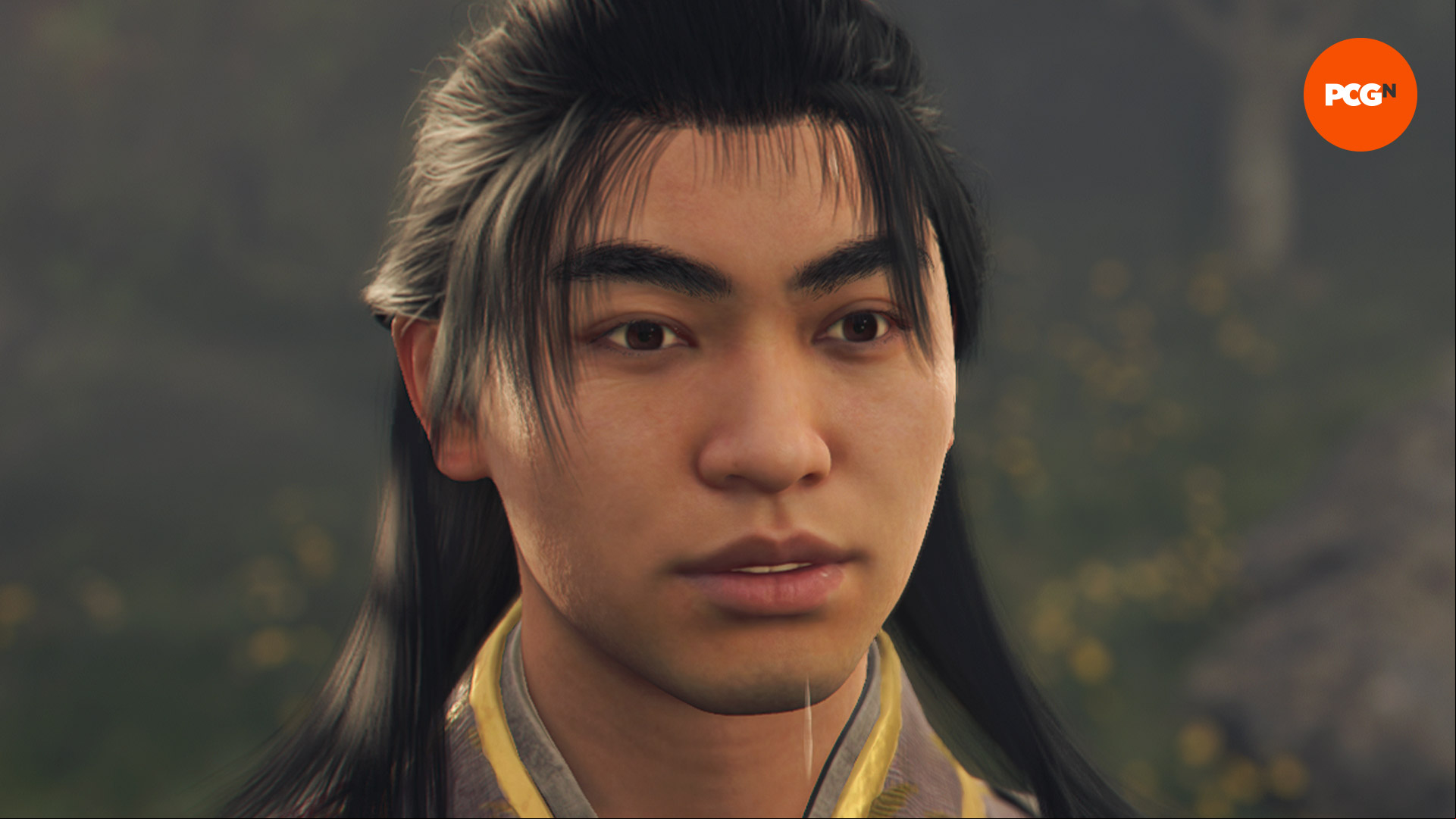 AC Shadows allies: Ibuki with their long black hair and grey kimono