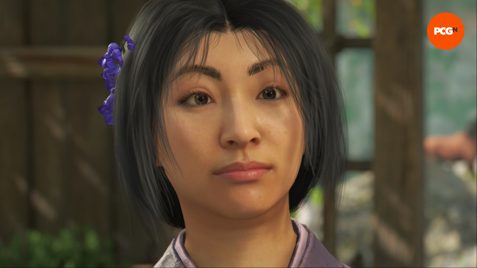 AC Shadows allies: Oni-yuri with a purple flower in her hair