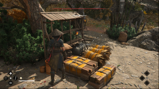 Assassins Creed Shadows resources: a female assassin dressed in black stands next to a huge bundle of hay.