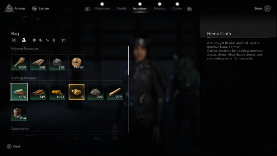AC Shadows resources: a screen showing how much hemp cloth a person has.