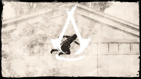 AC Shadows mods: Controlled Parkour image showing Naoe flying across a stylized screen