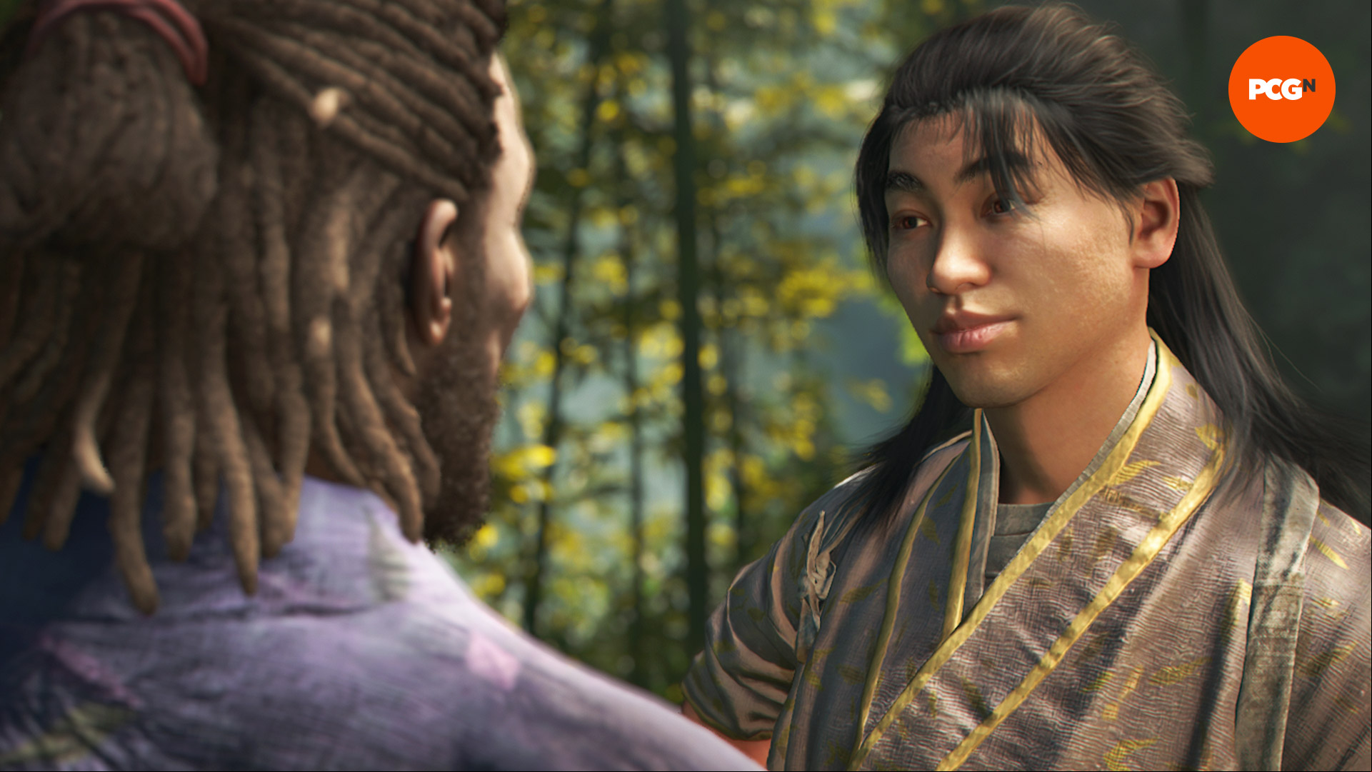 AC Shadows romance options: Ibuki in their grey kimono next to Yasuke