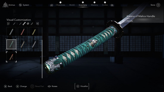 AC Shadows transmog: the hilt or a katana, wrapped in blue.