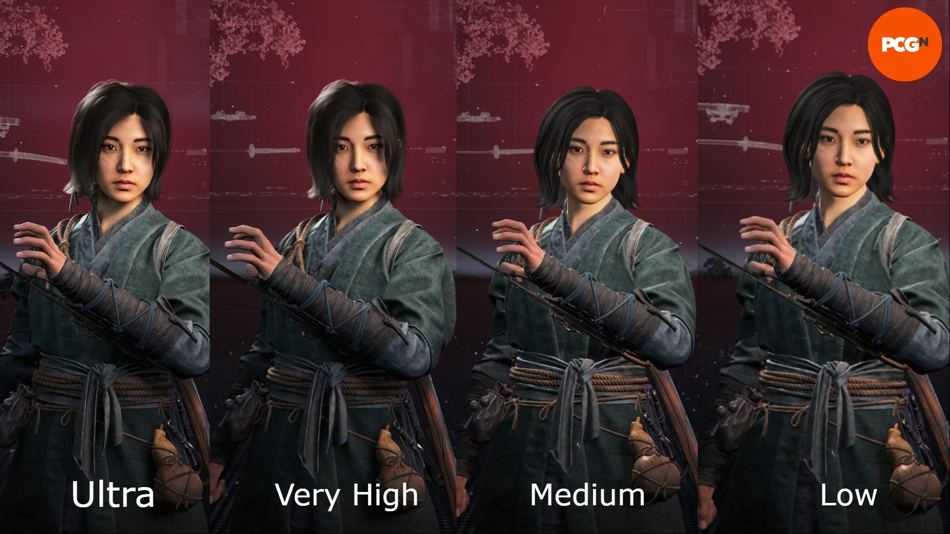 Four images from left to right of Naoe in the Ultra, Very High, Medium, and Low graphics settings in Assassin's Creed Shadows 