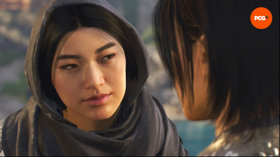 Assassin's Creed Shadows allies: Katsuhime staring flirtatiously at Naoe while wearing a shawl