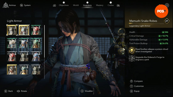 Assassin's Creed Shadows armor best: Naoe wearing a tunic composed of different shades of blue