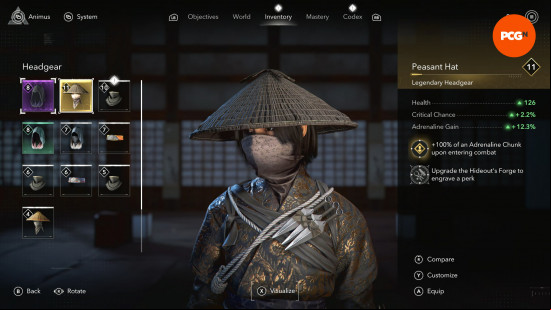 Assassin's Creed Shadows armor best: a masked Naoe wearing a large straw peasant hat