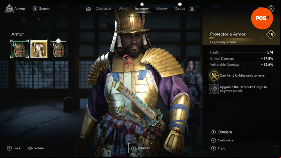Assassin's Creed Shadows armor best: Yasuke wearing a gold and purple armor set