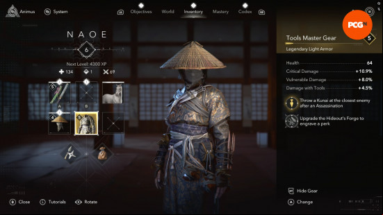 Assassin's Creed Shadows armor best: a masked Naoe wearing a large straw hat and a gold and black outfit