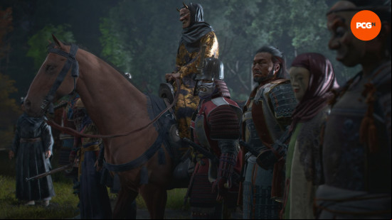Assassin's Creed Shadows quests: a group of masked people, one riding a horse