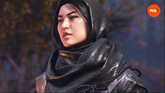 Assassin's Creed Shadows romance options: Katsuhime enshrouded in black