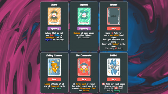 Six of the new Joker cards added with Mika's Mod Collection, one of the best Balatro mods.