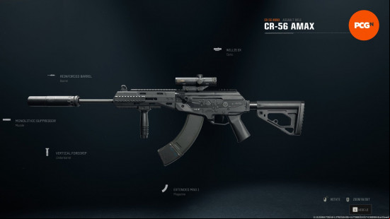 Best Warzone loadouts: a large fully automatic assault rifle with a long scope and large suppressor attachment.