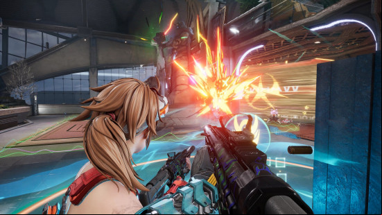 Best co-op games: Fragpunk. Image shows two teammates heading into battle and shooting at enemies.