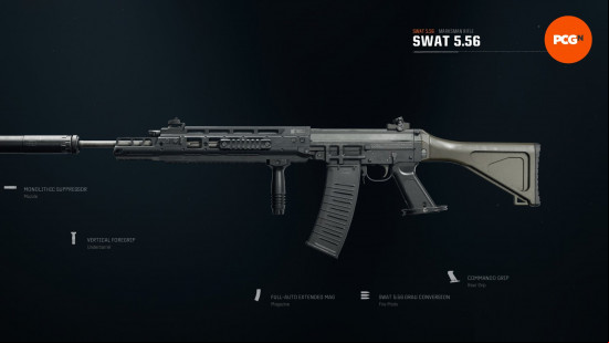 Best Warzone loadouts: a long, sleek fully automatic assault rifle on a black background.