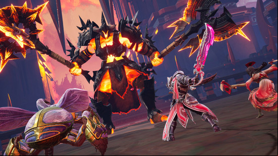 Best MOBA games: a team of warriors take on a magma soldier in black armor